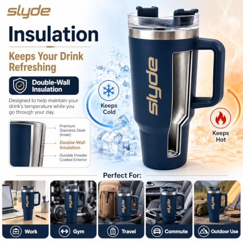 Image of Slyde 1200ml Stainless Steel Insulated Tumbler with Handle | Double Wall Vacuum Travel Mug | Leakproof Lid | Includes 2 Straws (1 Stainless Steel & 1 Plastic) Navy Blue