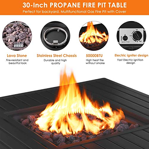 femor 30\" Propane Gas Fire Pit, 50,000 BTU Auto-Ignition Fire Bowl with Waterproof Firepit Table Cover & Lava Rock, CSA Certification, Outdoor Square Fireplace for Courtyard/Balcony(Black)