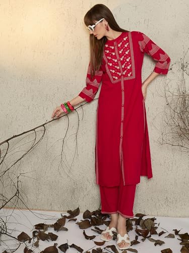 Image of INDO ERA Women's Pure Cotton Floral Printed Calf Length A-Line Kurta & Pant Set (IESTR10990)