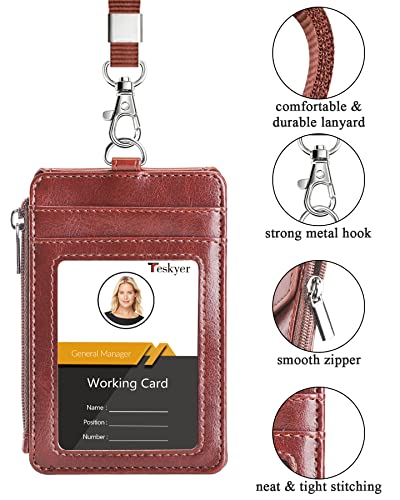 Teskyer Badge Holder with Lanyard, Card Holder with Zipper Pocket, 1 ID Window, Holds up to 4 Cards, PU Leather, Brown - Image 3