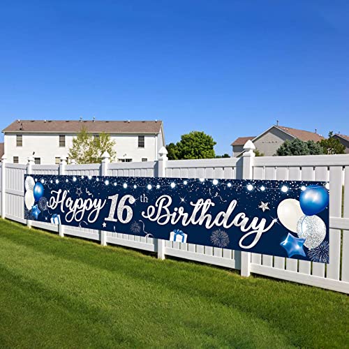 Happy Birthday Yard Banner, Blue Silver Happy 16th Birthday Banner Boy, 210*40cm Large Sixteen Years Old Birthday Party Yard Sign Banner, Sixteenth Anniversary Backdrop Background Decorations for Kid
