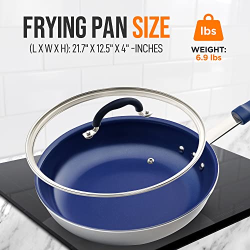 Nutrichef 12" Fry Pan With Lid - Large Skillet Nonstick Frying Pan With Silicone Handle, Ceramic Coating, Blue Silicone Handle, Stain-Resistant, Easy To Clean, Professional Home Cookware #TOP1
