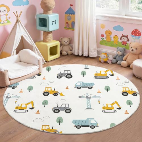 Generisch Wolke Fahrzeug Rund Teppich 100 cm, rutschfest Kinderteppich mit Cartoon Bagger Traktor Design, Weiche Spielfläche Pflegeleicht Strapazierfähig Runder Teppich ideal für Kinderzimmer, Weiß