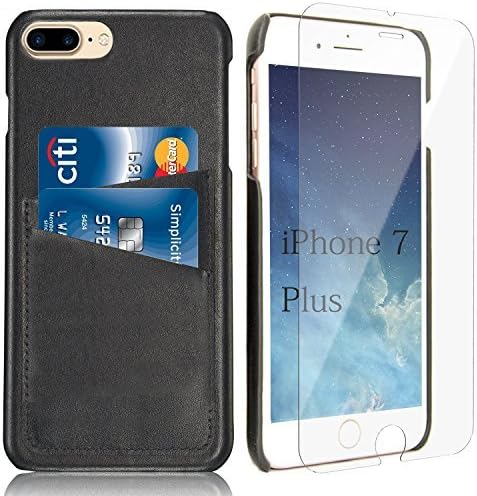 iPhone 8 Plus iPhone 7 Plus Card Case - iPulse [Dallas Series] Genuine Italian Full Grain Leather Snap On Wallet Card Case for iPhone 7 Plus (5.5") with Tempered Glass Screen Protector - Black