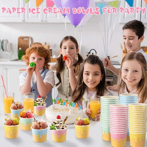 Image of 100 Pcs 6 oz Ice Cream Cups Paper Disposable Dessert Bowls Paper Ice Cream Sundae Bowls Bulk Dessert Cups Yogurt Snack Soup Containers for Cold or Hot Food Summer Birthday Party Supplies