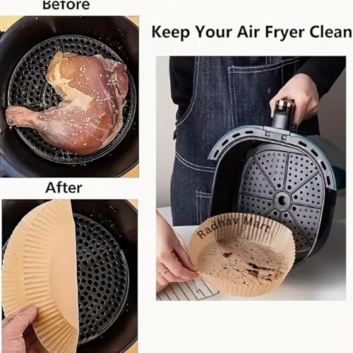 Image of 100 Pcs Air Fryer Paper Sheets | Disposable Air Fry Liners | Oil-Proof Non-Stick Parchment Paper for Air Fryer | Microwave, Roasting & Baking (Round)