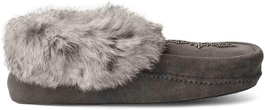 Manitobah Tipi Moccasin - Womens Indoor Slipper, Fleece-Lined, Suede Leather, Rabbit Fur Trim