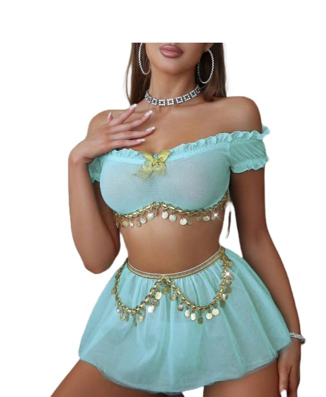 ssoshhub Lingerie Two Piece Deep V Neck Teddy Arabian Princess Lingerie Set - Fairytale Cosplay Fantasy Costume Skirt and Top Bikini Set-picture-39