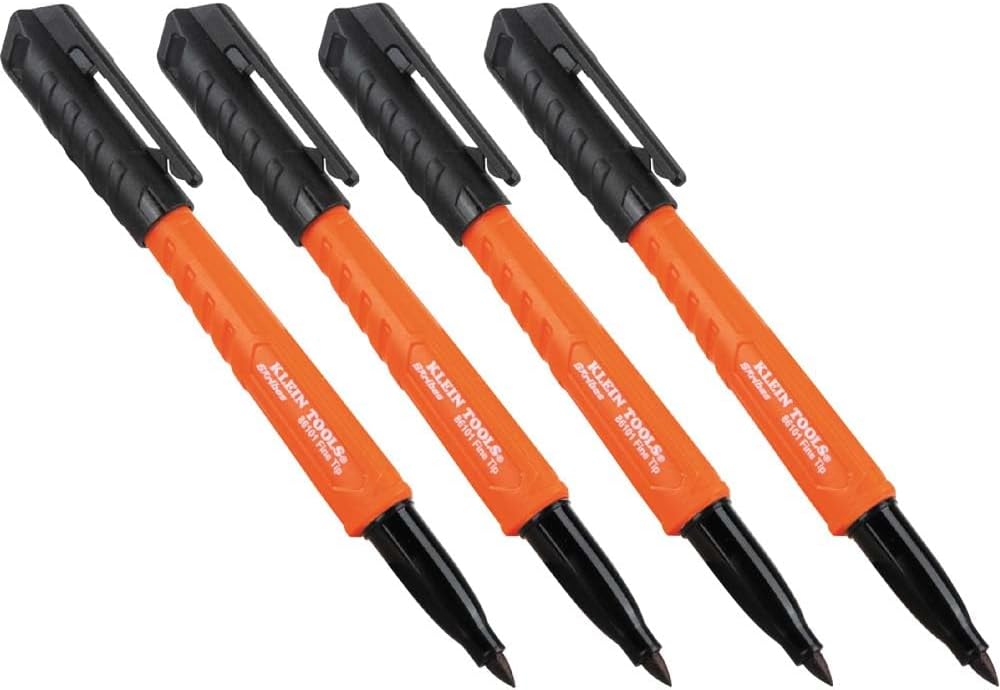 Klein Tools 861014 Skribes Fine Tip Permanent Markers, Black, Hard Hat Clip, Multi-Surface Jobsite Marker for Wet, Dry and Oily Surfaces, 4-Pack