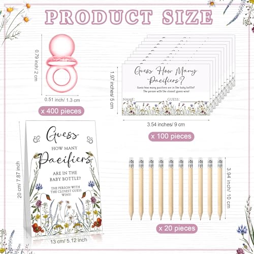 Image of Roowest 512 Pcs Baby Shower Games Guess How Many Pacifiers Sign 100 Small Guessing Games 10 HB Pencils 750ml Milk Bottle 400 Acrylic Pacifiers Decoration for Guest Gender Reveal(Pink,Bloom)