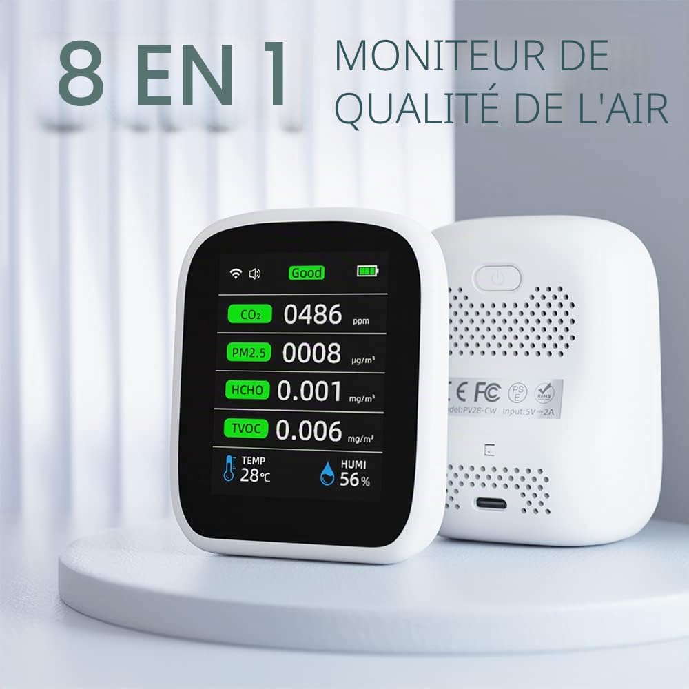 Irfora Tuya WiFi Portable 8 en 1 PM1.0 PM2.5 PM10 CO2 CO2 TVOC HCHO Testeur de température et d'humidité Écran couleur LCD Détecteur de dioxyde de carbone avec fonction d'affichage de l'heure et de la