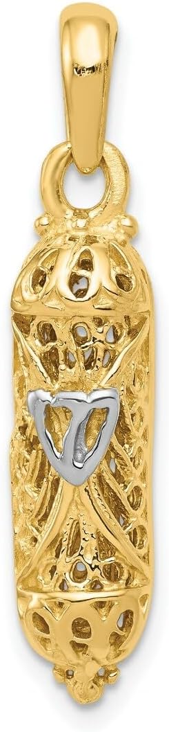 Gold Judaica 14K Yellow Gold w/White Rhodium Mezuzah W/Shin Charm