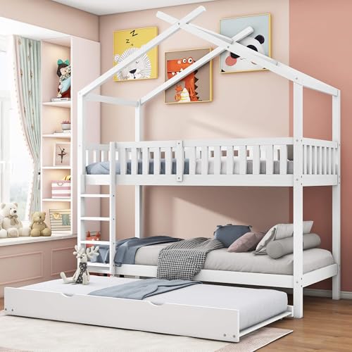 MQGPM Litera de 90 x 200 cm con cama nido y somier, cama para niños y adolescentes, color blanco