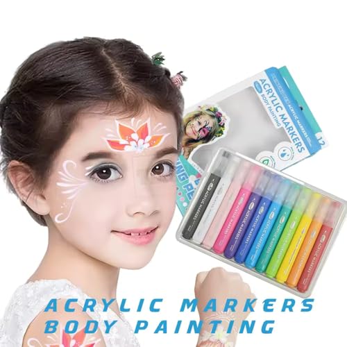 Image of Body Painting Acrylic Markers Set for Rock, Glass, Paper & Wood | Non-Toxic, Water-Based Bright Temporary Tattoo Art Pen | Colorful Skin Face Paint Kit for Teen Girls and Boys (Pack of 12)