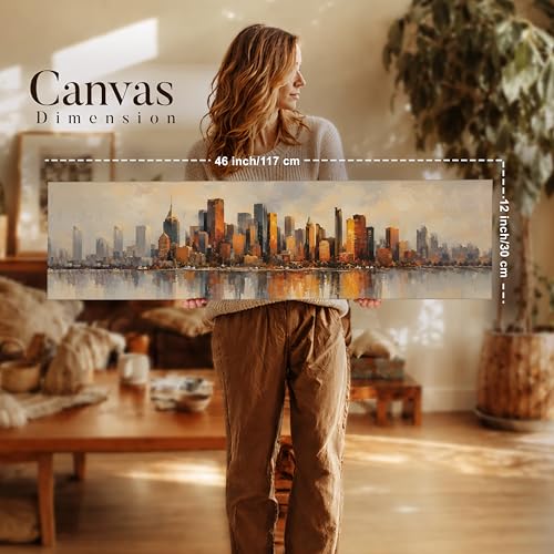 Image of Modern Urban Skyline Stretched Canvas Wall Art Painting for Living Room, Abstract Cityscape Canvas Wall Decor For Livingroom, Bedroom, Office, Hallway's, Hotel 12x46 Inch