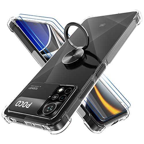Funda Compatible con Xiaomi Poco X4 Pro 5G, Carcasa Transparente Silicona con Anillo Metal, Anti-Caída de Cuatro Esquinas Clear Cover - Anillo Negro Cover