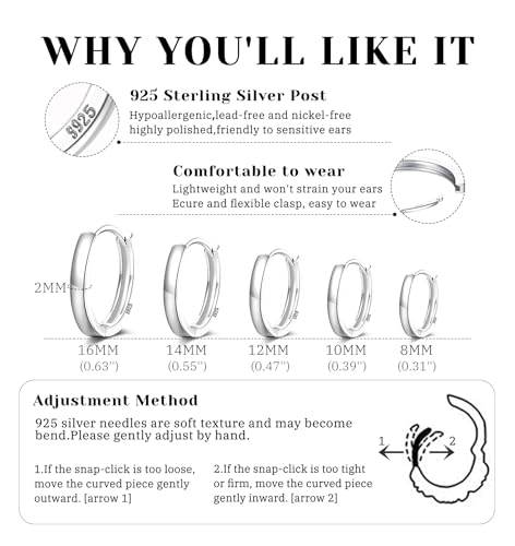 Senteria 5 Pairs Sterling Silver Hoop Earrings Small Silver Hoop Earrings Hypoallergenic Tiny Huggie Earring for Women Cartilage Sleepers Hoops Earring Sets 8/10/12/14/16mm2