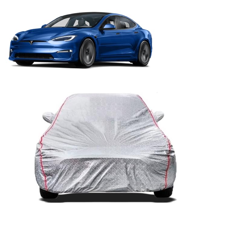 AMEXRIDE - 100% Waterproof Car Cover - Silver Tech Fabric - Compatible with Tesla Model X Electric(Battery) Car Body Cover - with Mirror Pocket - Soft Cotton Lining - Silver Color