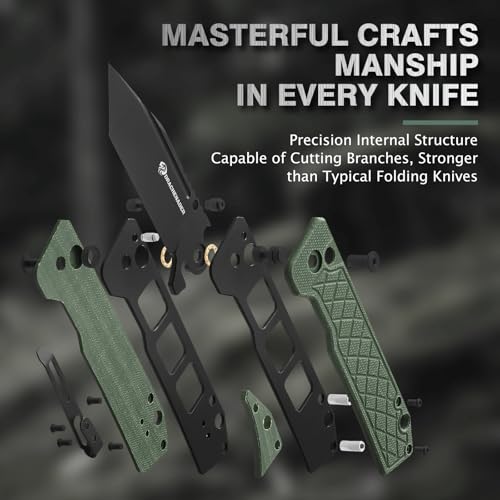 DRACHENADER IE-BR Klappmesser Einhandmesser, 14C28N Stahl, G10 Griff, Taschenmesser mit Buttonlock, Clip, Nylontasche für Camping, Wandern, Klinge Schwarz + Griff Grün – Bild 6