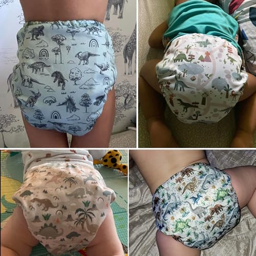 Image of Mama Koala 3.0 Pocket Cloth Diapers for Babies with AWJ Lining, 6 Pack with 6 4-Layer Natural Cloth Diaper Inserts - Reusable and Washable Pocket Diapers(Cute Dinosaurs)