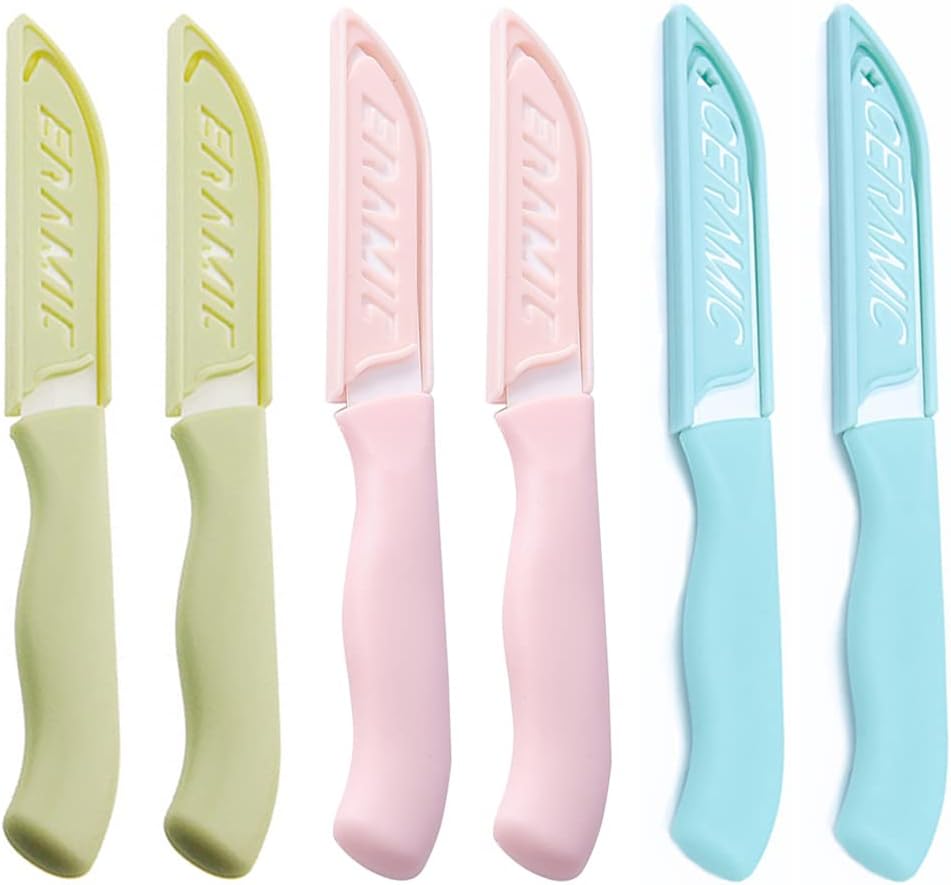 6 Pack Ceramic Paring Knife with Knife Cover, Lightweight Ceramic Knives, Fruit and Vegetable Small Knife (Ceramic, Mix)