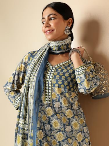 Image of Vbuyz Women'S Floral Print Straight Cotton Blue Stitched Kurta, Pant And Dupatta | Women's Kurta Suit Set l Kurta with Pant Set