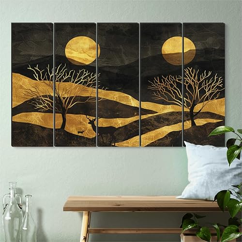 Image of Livin'luxe 5 Panel Abstract Gold Landscape Wall Art | Twin Moon Night Scene with Deer & Trees | Black & Metallic Framed Wall Art for Living Room, Office, Lounge & Modern Luxury (50 x 30 Inch) XL-35421