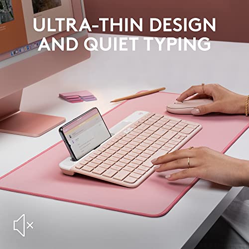 Image of Logitech K585 Multi-Device Slim Wireless Keyboard, Built-in Cradle for Device; for Laptop, Tablet, Desktop, Smartphone, Win /Mac, Bluetooth /Receiver, Compact, Easy Switch, 24 Month Battery - Rose | Slim Keyboard with Built-in Phone Cradle, Easy-Switch for 2 Devices, Bluetooth Plus USB Receiver, 24-Month Battery