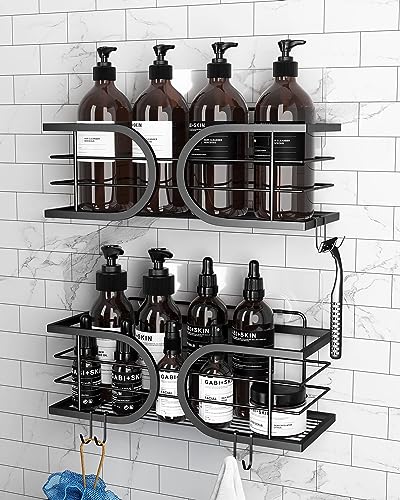 Adurei Adhesivo Estanteria Baño sin Taladro Estante Ducha con Adhesivo Gran Capacidad 304 Acero Inoxidable Ducha Estanteria Organizador Repisas para Baño 2 Piezas (Negro)