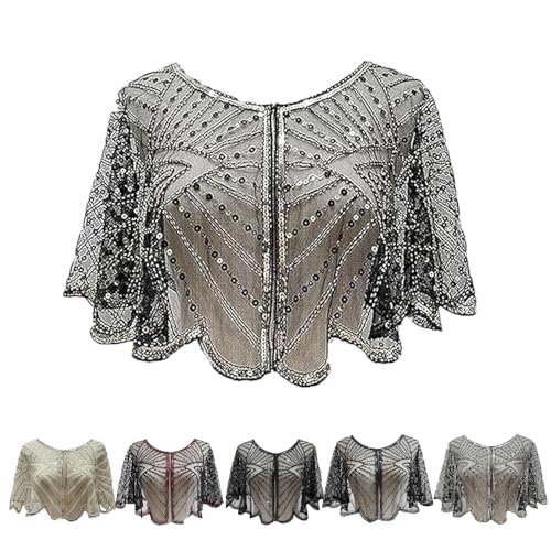 Vintage Lace Beaded Shawl, Soft Mesh Fringe Wraps, 1920s Shawl Wraps Sequin, Soft Mesh Fringe Cape