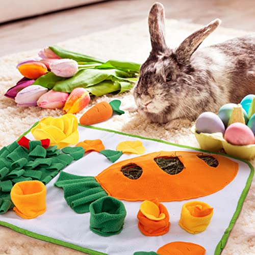 Image of 20 inch x 24 inch Rabbit Foraging Mat with Carrot Toy- Polar Fleece Pet Snuffle Pad with Fixing Handle- Funny Interactive Nosework Feeding Mat- Rabbit Hay Feeder Mat for Rabbits Bunny Guinea Pigs Ferrets