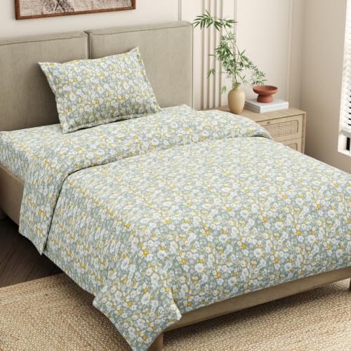 Image of Haus & Kinder Single Bedsheet for Single Bed with Pillow Cover Pure Cotton 186 TC | Soft & Silk Bedsheet for Single Bed |58 x 98 Inches - Verdant Whispers of Giverny