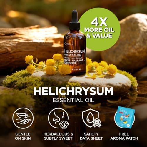 Image of 100% Pure Helichrysum Essential Oil for Skin & Diffuser - 4 Fl Oz | Helichrysum Oil for Body Massage, Gentle Floral Aroma for Renewal, Aromatherapy Grade Oil - Gya Labs