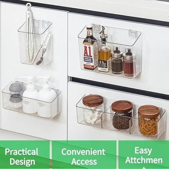 vacane 4 Pack Plastic Over Cabinet Door Organizer, Adhesive Mount Storage Organizer Container Makeup Organizer Hanging Basket Bins for Craft Room, Pantry, Office, Space Saving Holder for Kitchen Bags