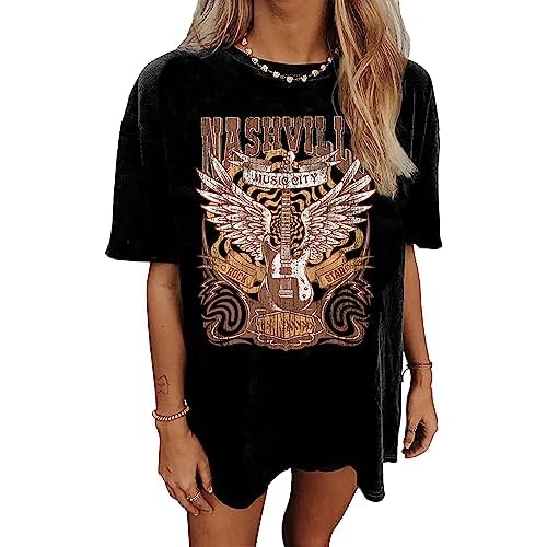 Nashville Music City T-Shirt Women Country Music Oversized Shirts Rock Band Tshirt Vintage Guitar Wings Graphic Tees
