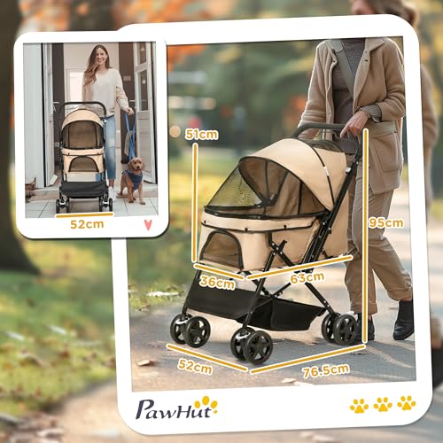 PawHut Dog Stroller, Pet Stroller, Foldable Dog Cat Travel Pushchair with Reversible Handle, EVA Wheels, Brake, Basket, Adjustable Canopy, Safety Leash, for Small Dogs, Light Brown - Image 4
