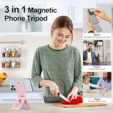 Image of ClickCase Magsafe Tripod Wallet for iPhone 12 to 17 Series, Mulit-Angles, Lightweight & Portable Phone Stand, Vegan Leather Magnetic Wallet, Strong Magnets, NFC Card Holder,Travel Essential (Black)