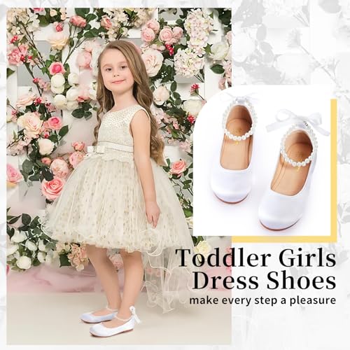 Toddler Girls Dress Shoes Flower Girls Kids Mary Jane Ballet Flats Wedding Party Communion Princess Shoes(White Silk,Little Kid 13)2