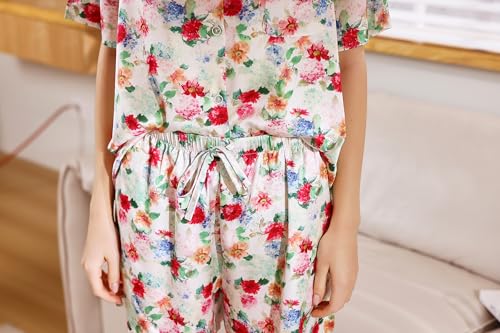 Image of YiNi LuLu Womens Silk Satin Shorts Pajamas Set Button Down 2 Piece Pjs Short Sleeve Oversized Sleepwear with Pockets