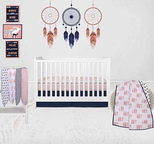 Bacati - 100 Percent Breathable Cotton Muslin/Percale 10 Piece Nursery Baby Crib Bedding Set for Boys/Girls Including 4 Swaddling Blankets US Standard Crib (Tribal Coral/Navy)