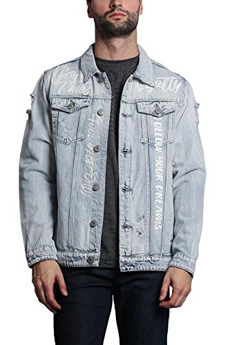 Men's Scribbled Street Motivational Text Casual Distressed Denim Jean Jacket DK107 - Light Indigo2