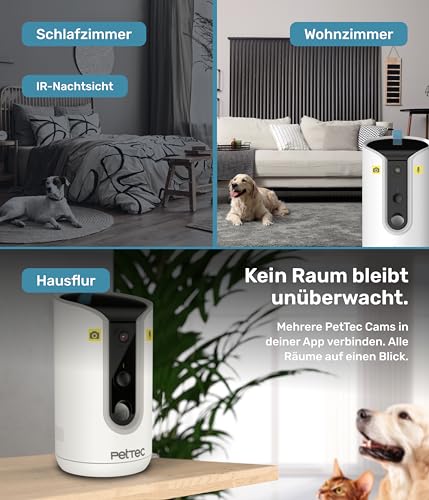 PetTec® Haustierkamera 360° und automatischer Futterspender mit Leckerliauswurf - via App & Multitaste - Bell-Erkennung - 3MP Nachtsichtfunktion - Hundekamera & Katzenkamera