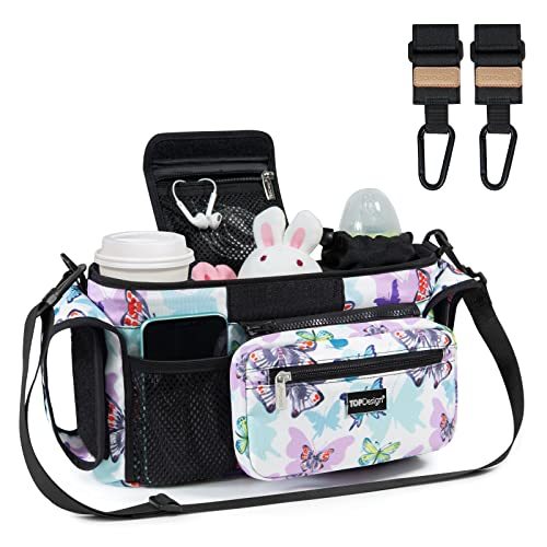 Image of TOPDesign Universal Baby Stroller Organizer, Stroller Caddy with Heightened Insulated Cup Holders & Non-Slip Secure Hooks Accessories, Fits Most Strollers, Machine Washable (Butterfly)