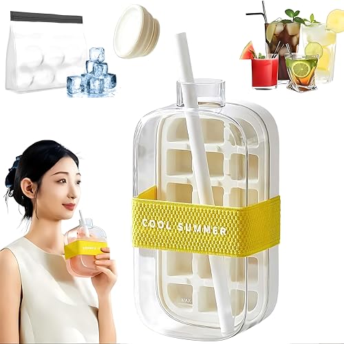 Ice Cube Bottle, 2 in 1 Ice Cube Tray&water Bottle Ice Cube Tray w Lid And Bin, Touch-Free Ice tray, Easy-to-Remove Ice Sphere Mold with Storage Bag (White)