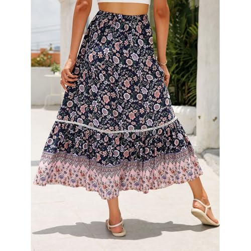ZUEVI Women’s Long Skirts Bohemian Elastic High Waist A Line Maxi Skirt for Women Summer Flowy Swing Pleated Midi Skirts2