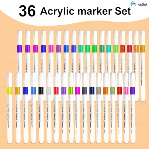 Image of FunBlast Acrylic Paint Markers - Set of 36 Vibrant Colors, Permanent Water-Based Marker Pens for Rock Painting, DIY Crafts, Canvas, Glass & More (36)