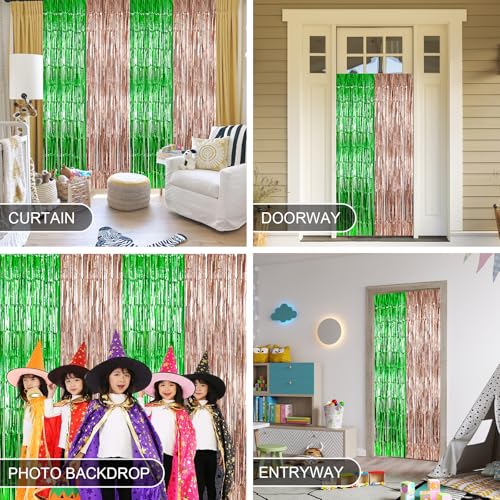 Image of Adorely Foil Fringe Curtains 2 Pcs 3.3x6.6 ft Birthday Party Decorations, Rose Gold Green Foil Fringe Curtains Metallic Streamer, Witch Tinsel Photo Booth Props Backdrops for Witch Birthday Supplies