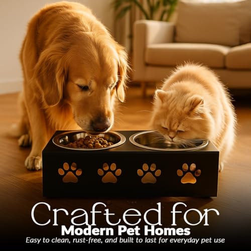 Image of Metal Black Dog Bowl Stand | Large Stainless Steel Bowls for Raised Dogs & Cats | Elevated Dog Food Removable Bowls | Pet Feeder & Water Dispenser for All Breeds | Paw Design (Set of 2, Each 900 ml)