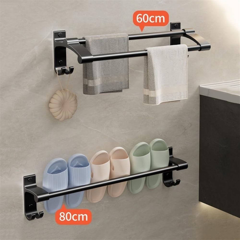 LUUYYI Estante de baño con ganchos, colgador de toallas de aluminio grueso, sin taladrar, toallero montado en la pared, moderno para decoración del hogar, estantes flotantes (gris pistola, 70 cm)