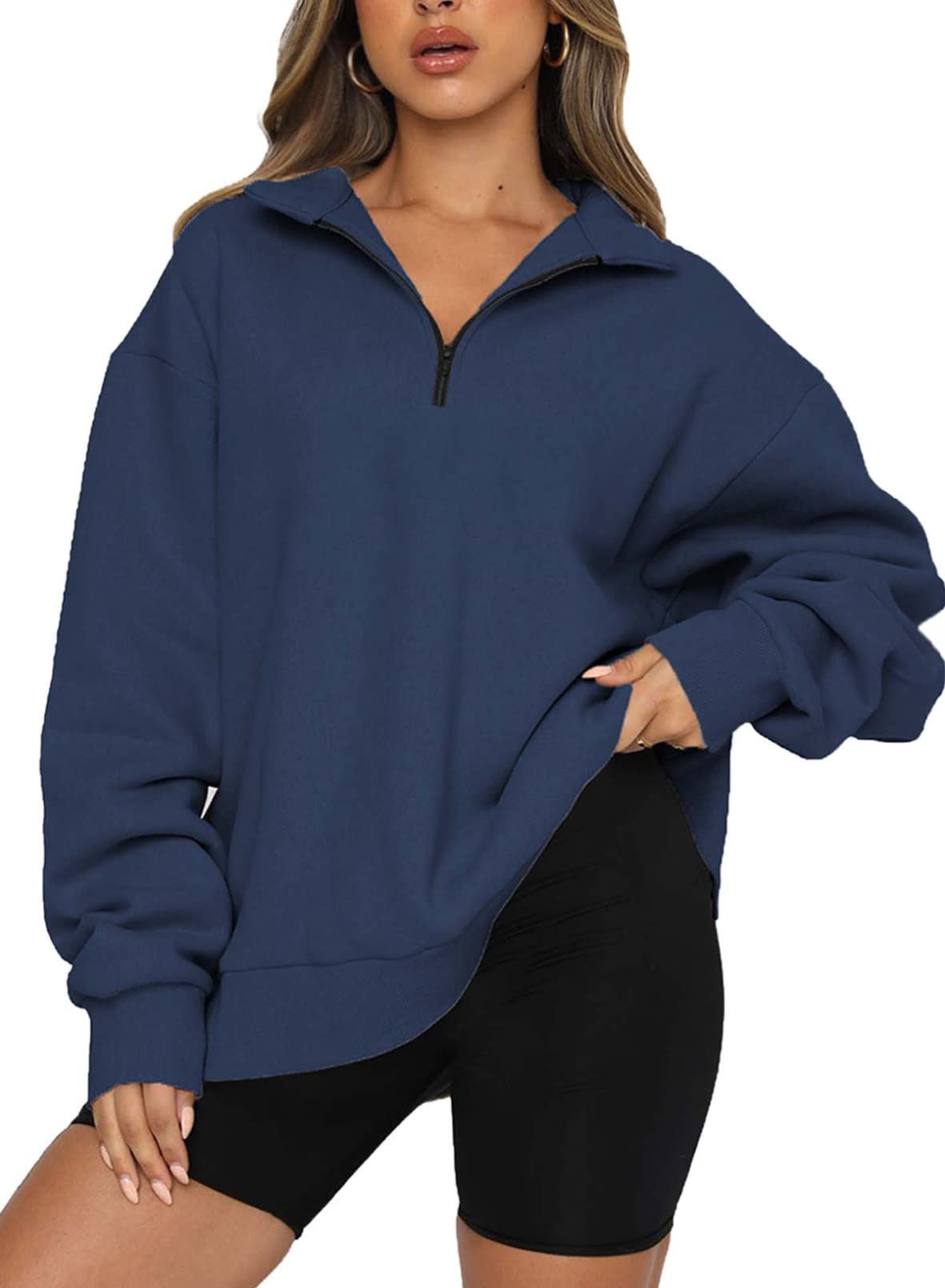 BLENCOT Women Half Zip Oversized Sweatshirts Long Sleeve Solid Color Drop Shoulder Fleece Workout Pullover S-2XL